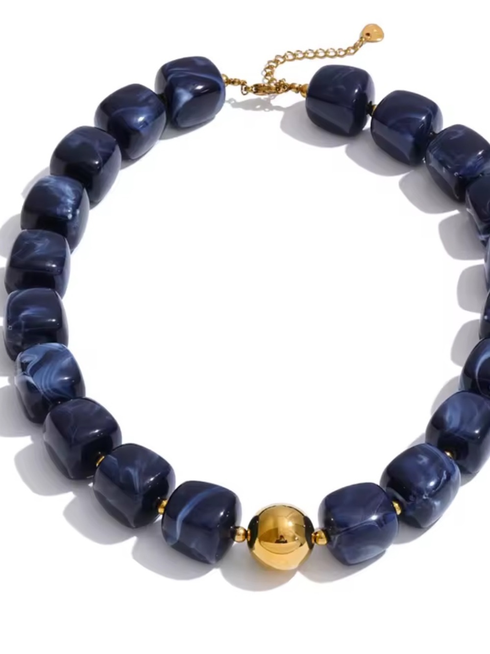 Navy Marbled Bead Necklace with Gold Accent - Picture 4 of 6